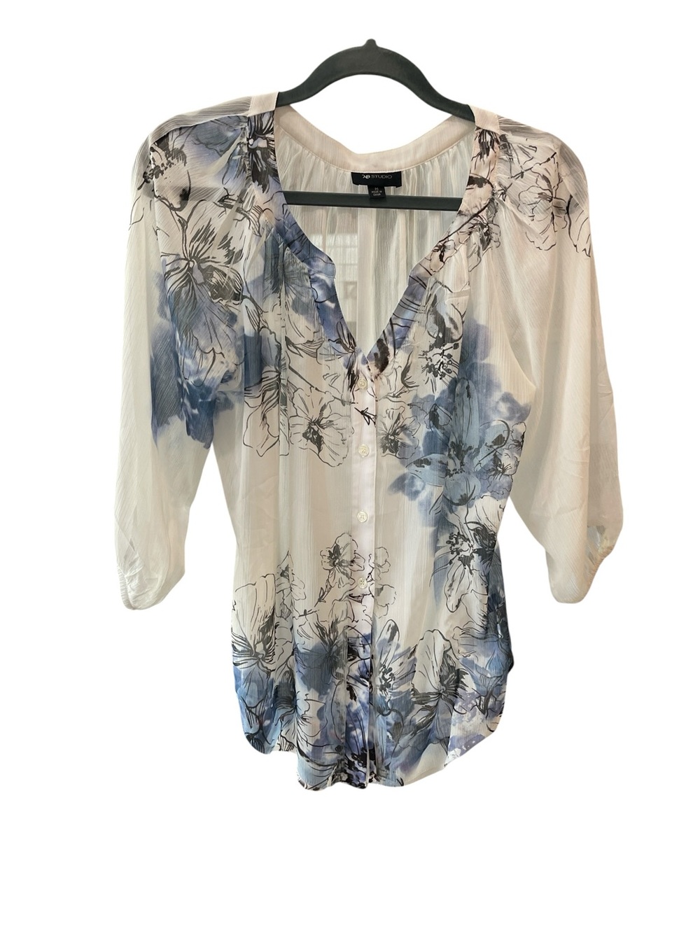 AB studio sheer long sleeve blouse with blue gray & black abstract artwork… SzM